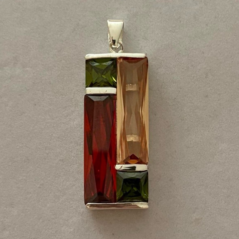 Uiwak 925 Sterling Silver Colourful Baguette Faux Gems Funky Rectangle Pendant